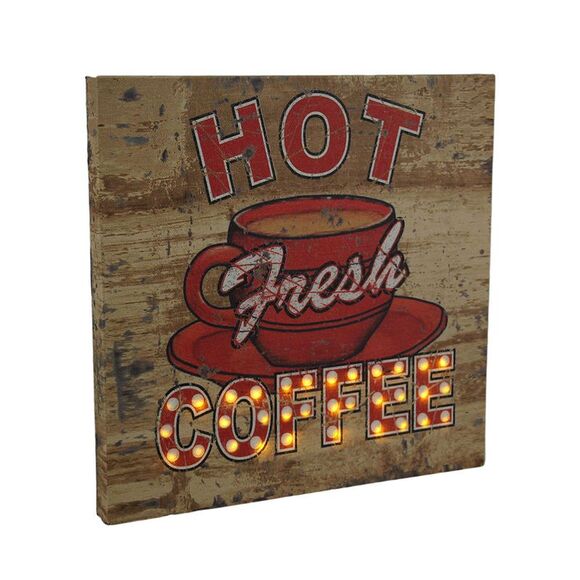Hot Fresh LED Lighted Coffee Vintage Finish Canvas Wall Hanging - Picture 1 of 3